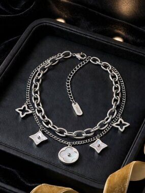 Layered Clover Charm Bracelet Mother of Pearl 18K White Gold Plated Stainless
